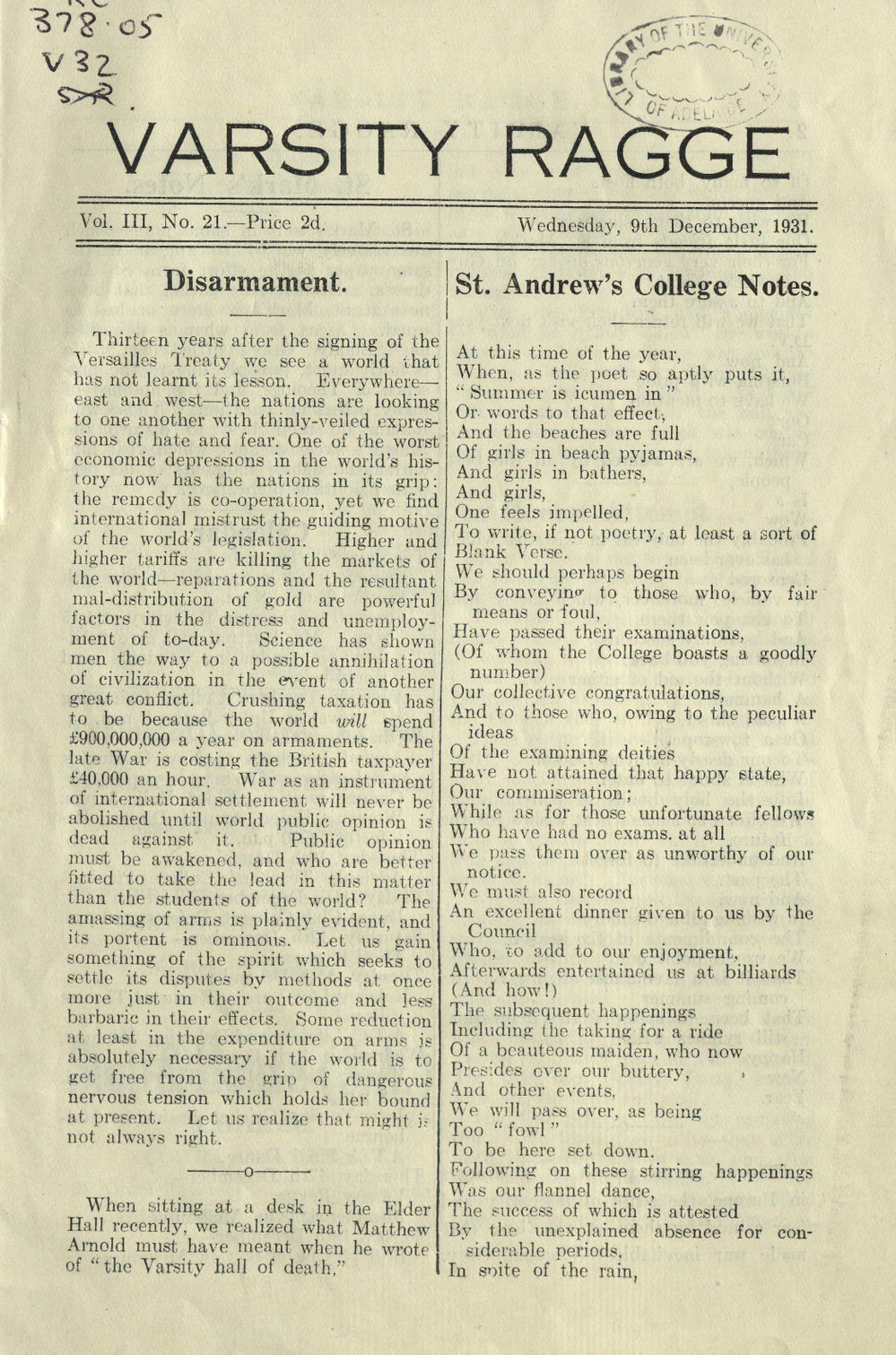 Varsity Ragge Volume 3 No 21&nbsp; 1930