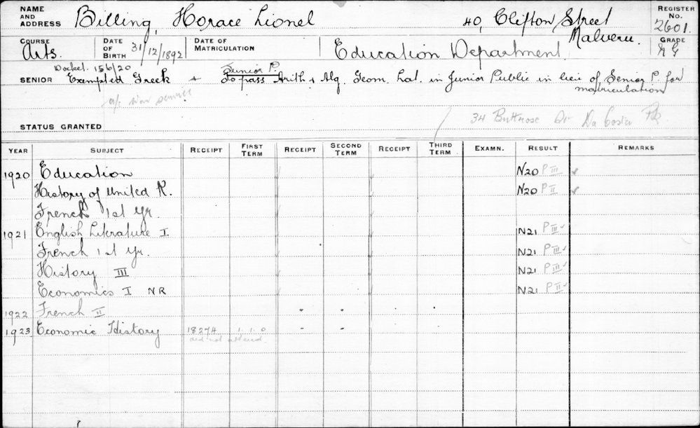 BILLING, Horace Lionel