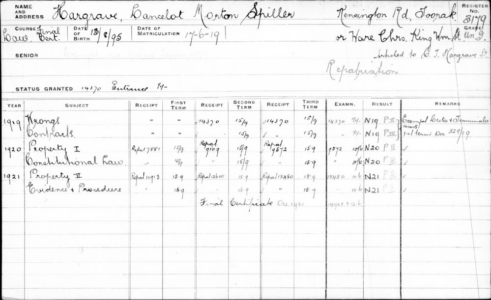 HARGRAVE, Lancelot Morton Spiller