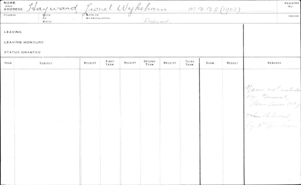 HAYWARD, Lionel Wykeham