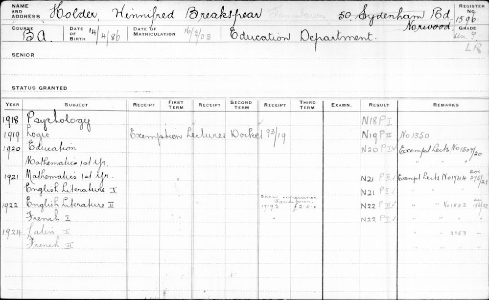 HOLDER, Winnifred Breakspear