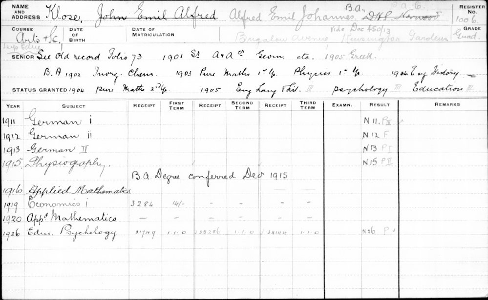 KLOSE, Alfred Emil Johannes