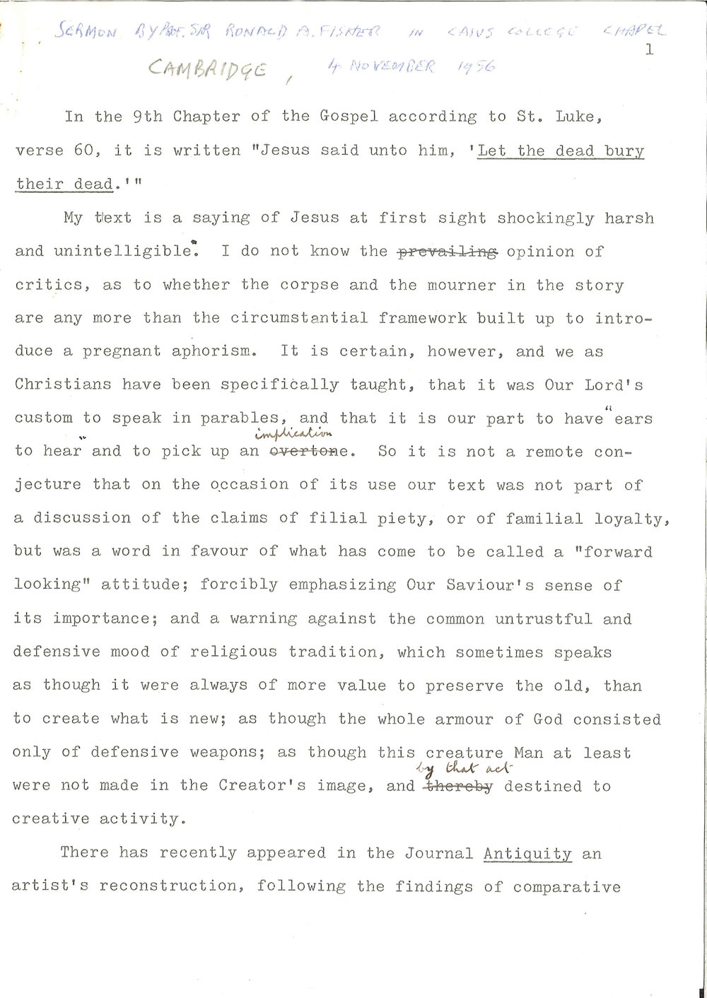 Ronald Fisher - Lay Sermon -&nbsp;Thy will be done