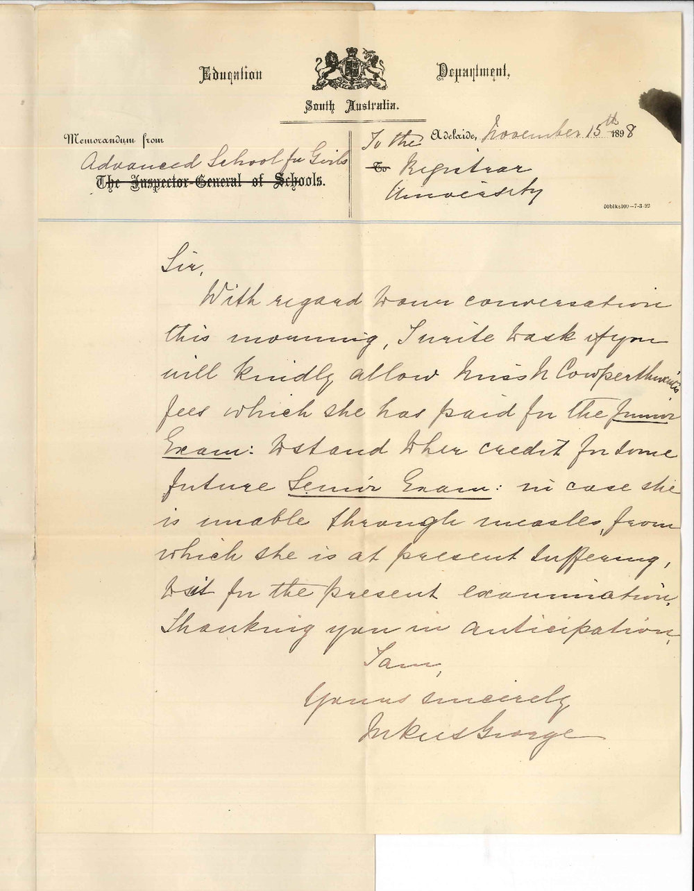 Miss George - Advanced School for Girls - Miss M Cowperthwaite unable to attend at Junior Exam