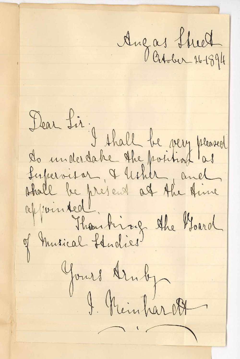 Miss I Reinhardt - Angas Street Adelaide - Consents to act as Supervisor Music Exams November 1894
