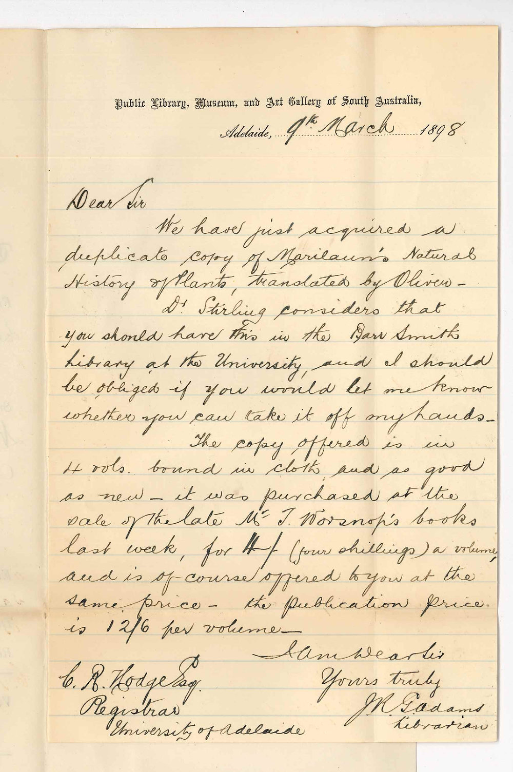 Joseph Robert George Adams - Librarian Public Library - Offering Marilauns Natural History of Plants at 4 shillings each