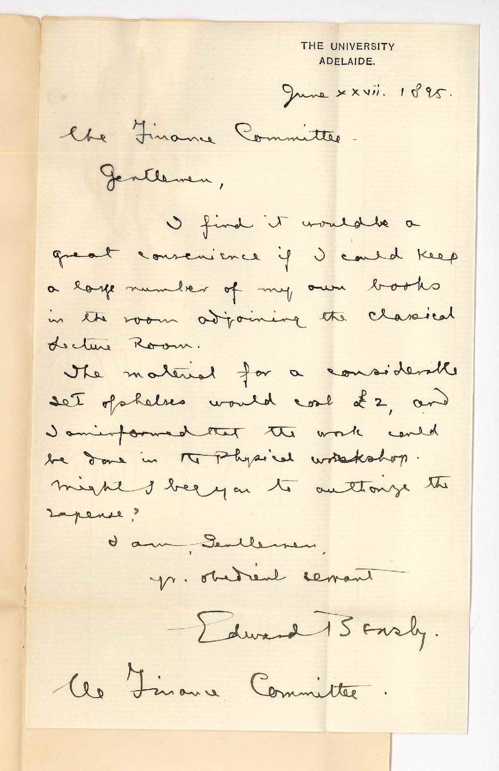 Professor Edward von Blomberg Bensley - The University - Asking for set of bookshelves in Classical Professors room &pound;2