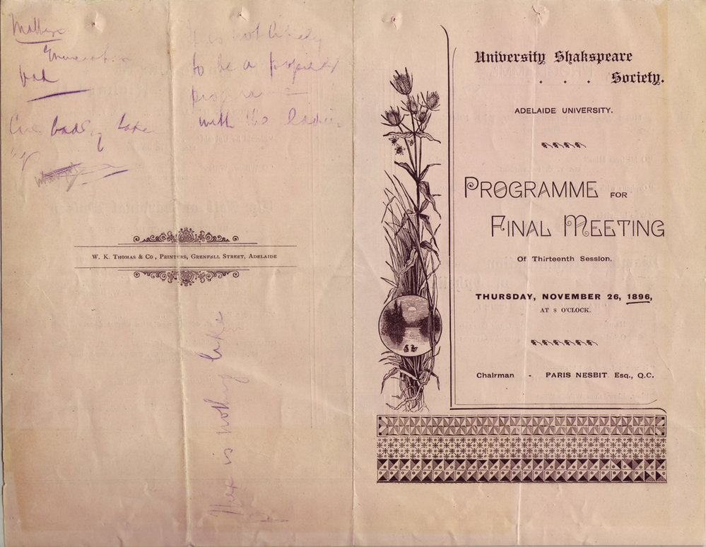 University Shakespeare Society Programme for Final Meeting of Thirteenth Session, 1896