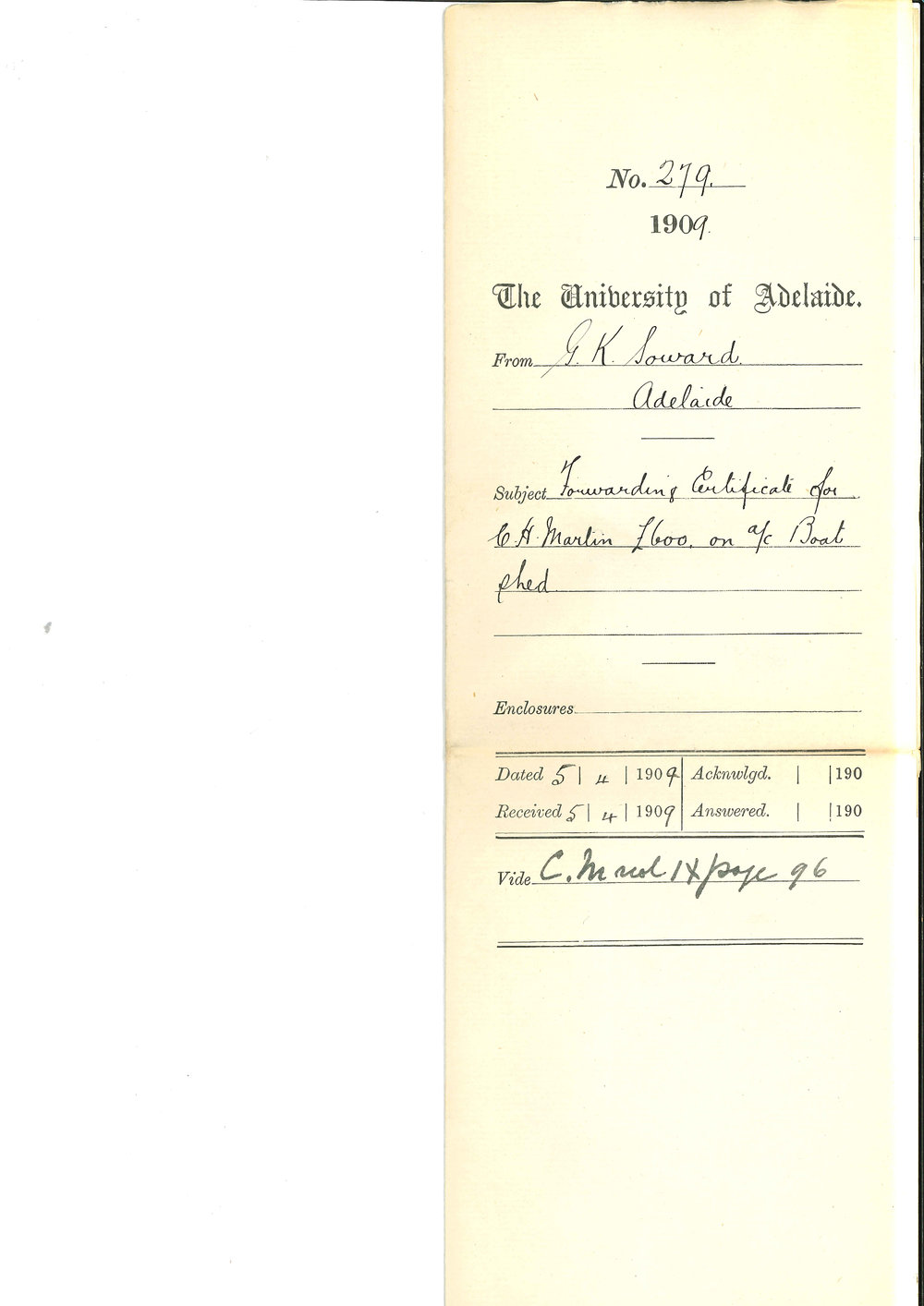 G K Soward - Adelaide - Forwarding Certificate for C H Martin  &pound;600 on account of Boat Shed
