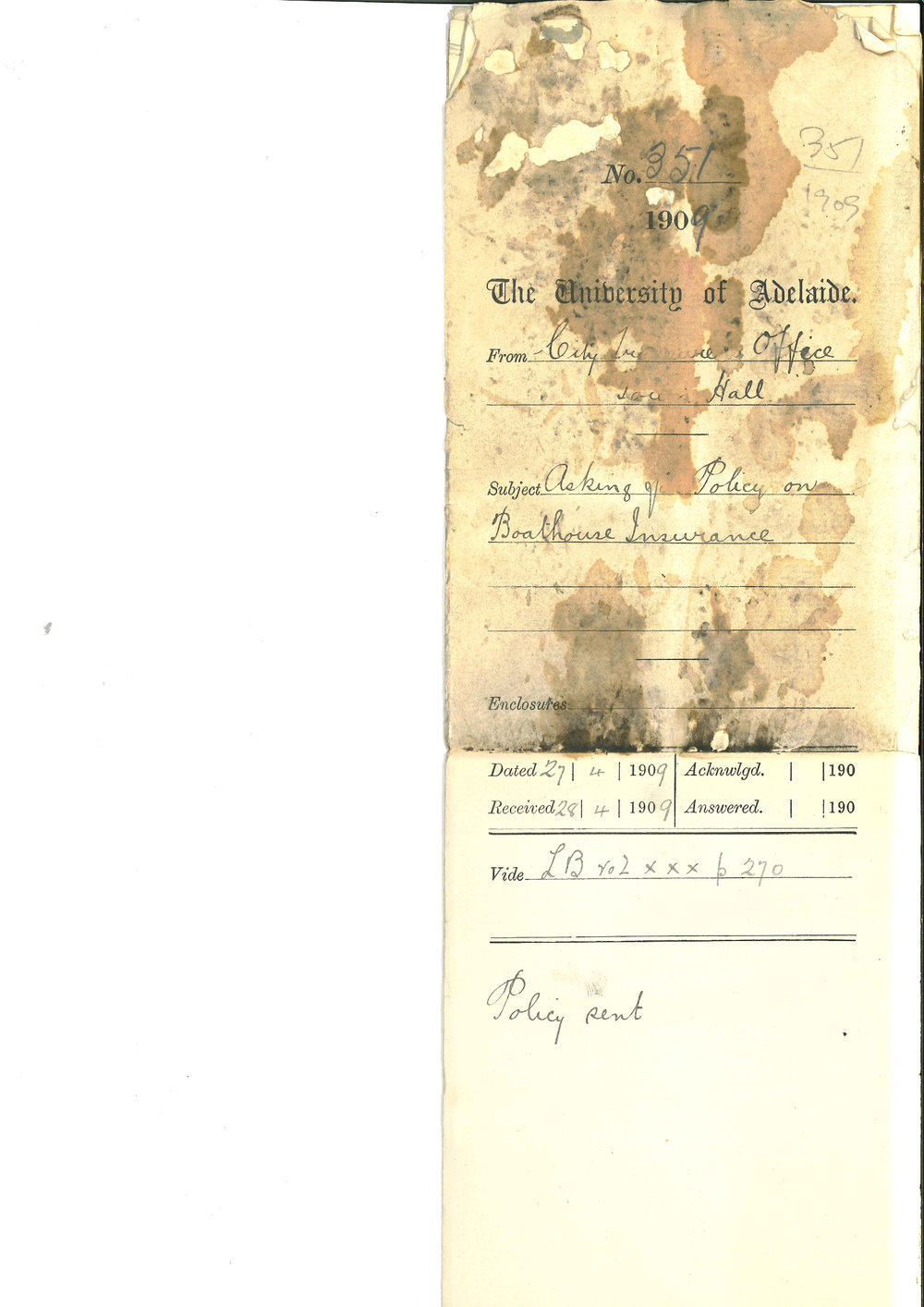 City Treasurer's Office - Town Hall - Asking for Policy on Boat House Insurance