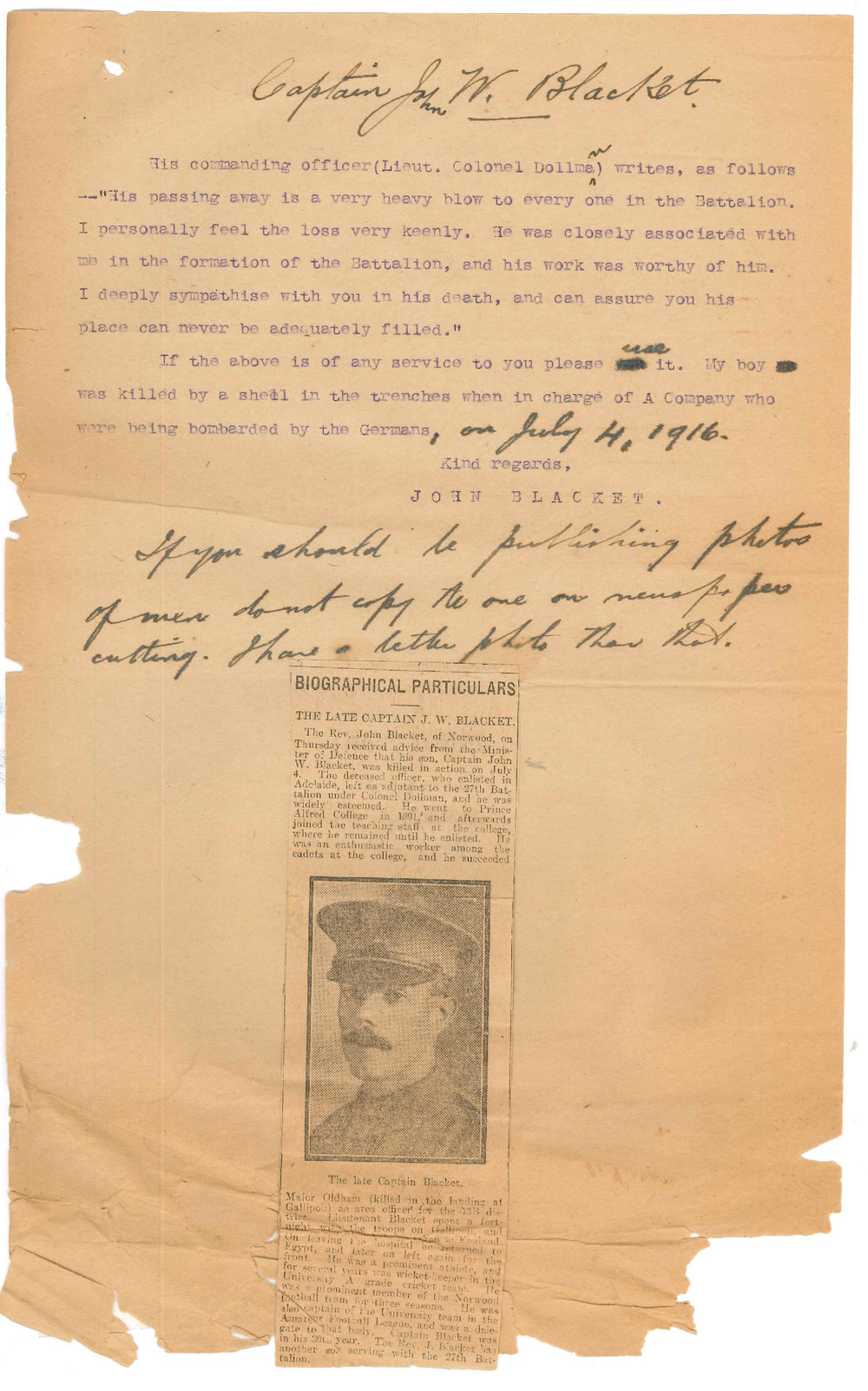 World War One Circular Reply - John Wesley Blacket