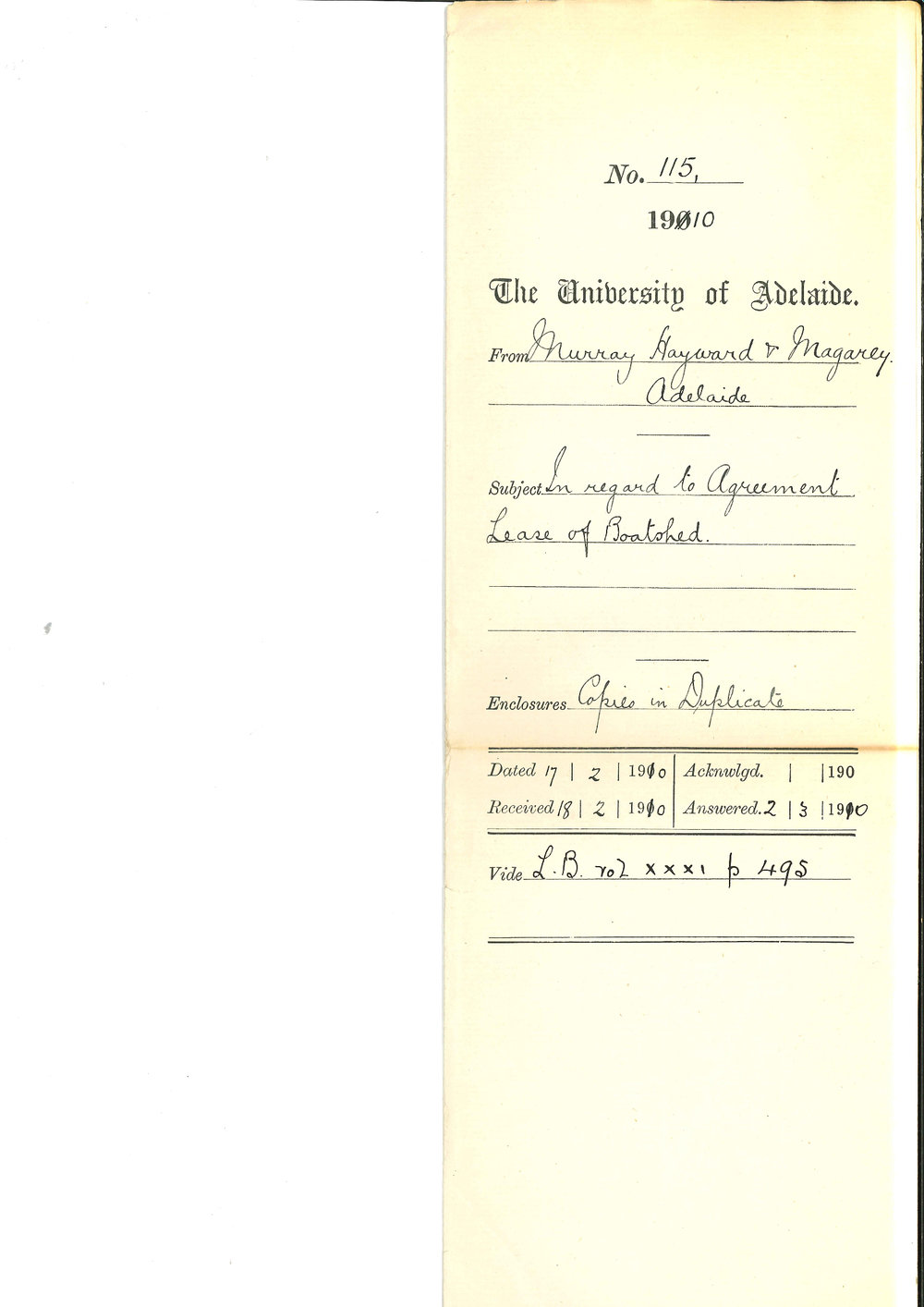 Murray Hayward and Magarey - Adelaide - In regard to Agreement Lease of Boatshed