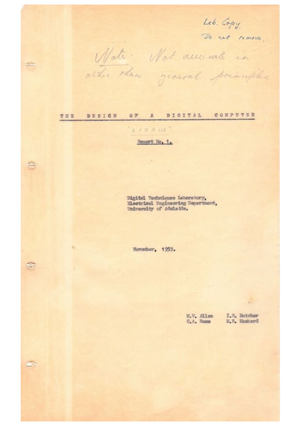 The Design of a Digital Computer - Report Number 1