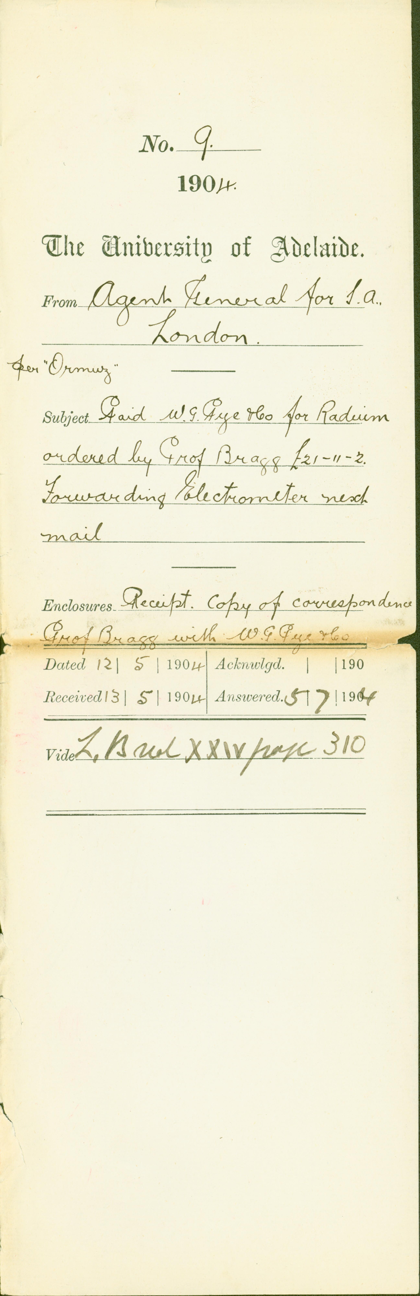 W G Pye &amp; Co radium ordered by Professor Bragg - Forwarding electrometer - with docket cover