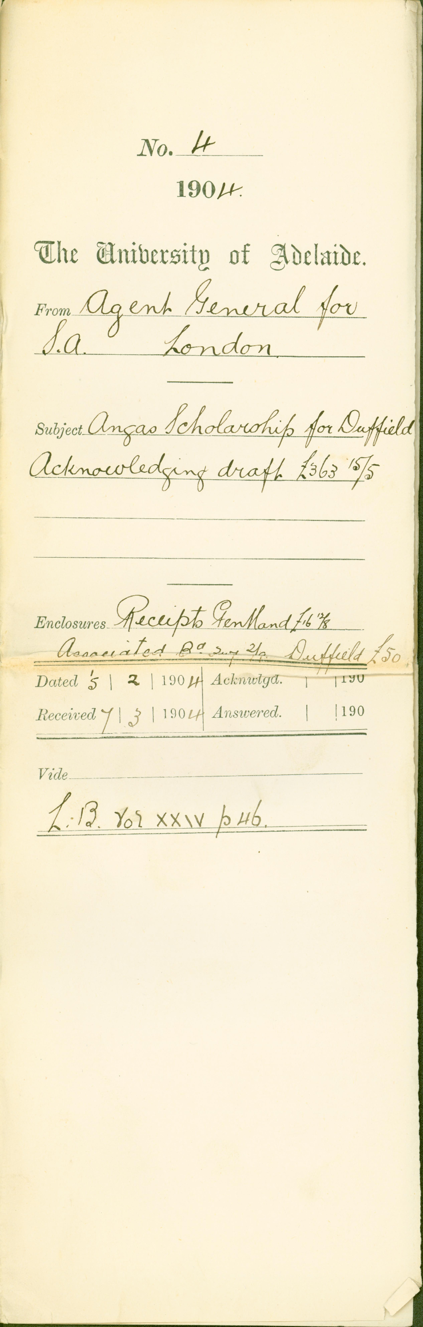 Angas Scholarship for Duffield Acknowledging draft &pound;363-15-5