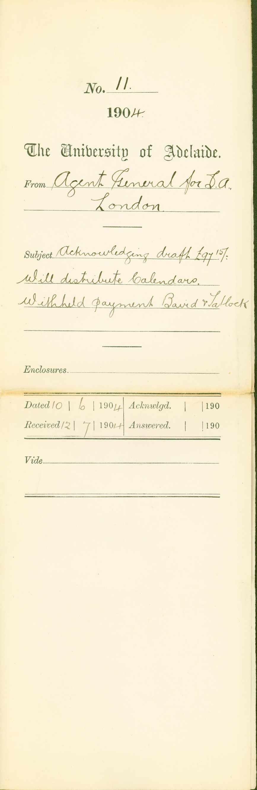 Acknowledging draft - Will distribute Calendars - Withheld payment Baird and Tallock