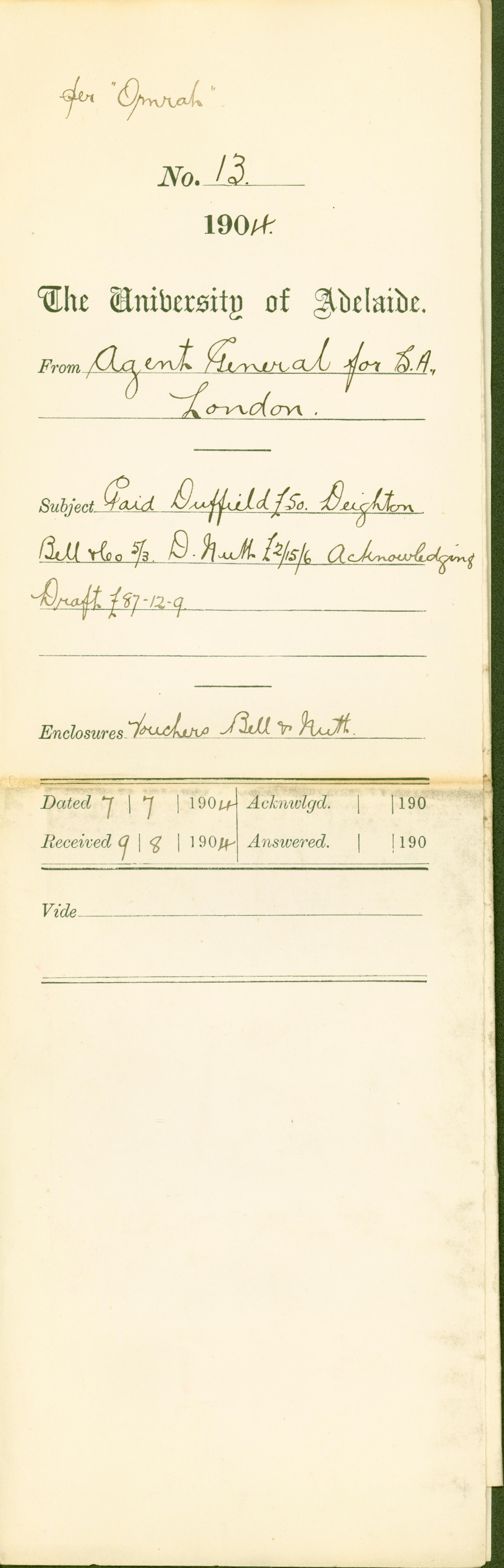 Paid - Duffield - Deighton Bell and Company - D Nutt - Acknowledging Draft