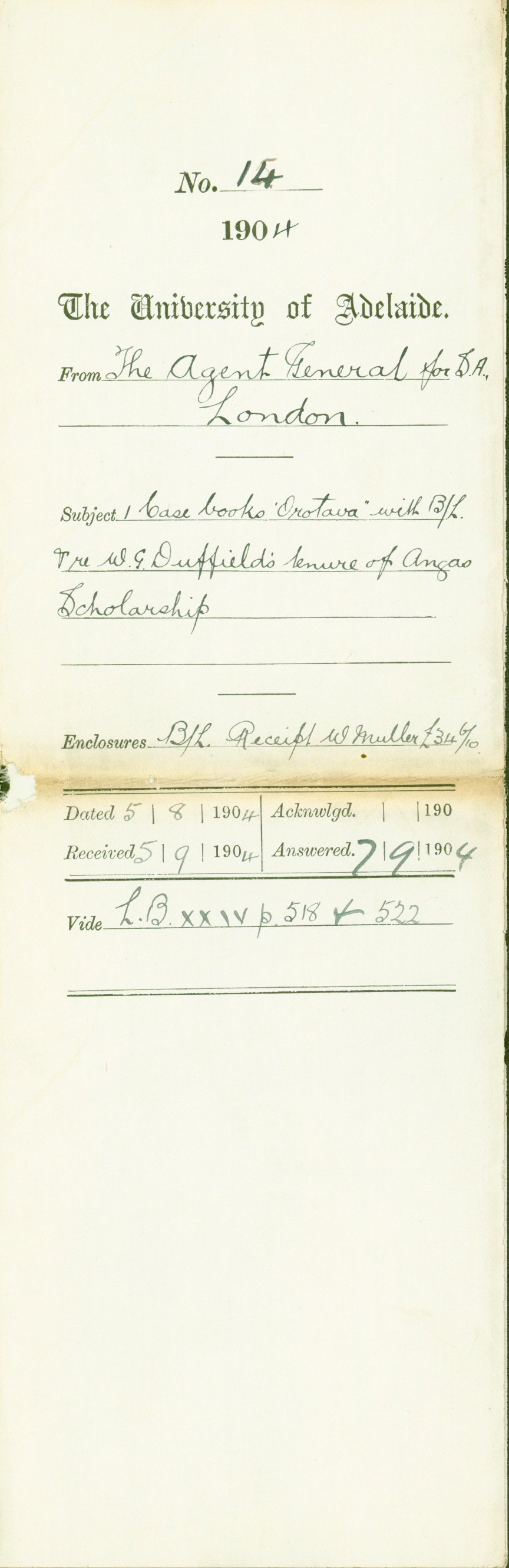 One Case Books on Orotava with Bill of Lading - W G Duffields tenure of Angas Scholarship