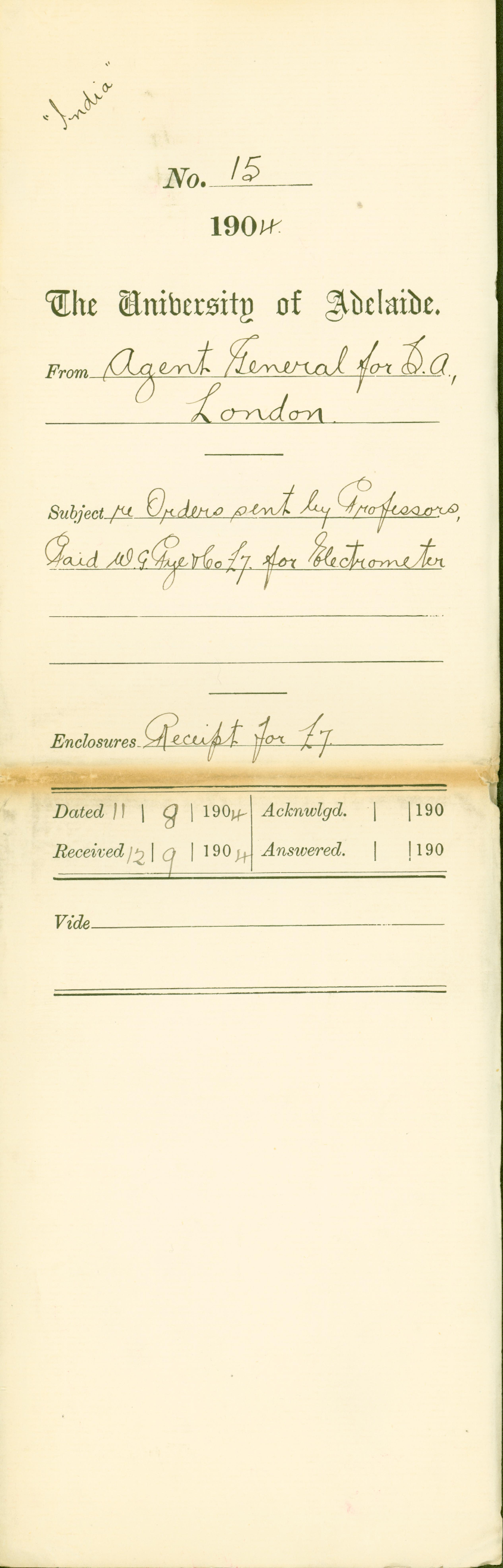Orders sent by Professors - Paid W G Pye and Company for Electrometer
