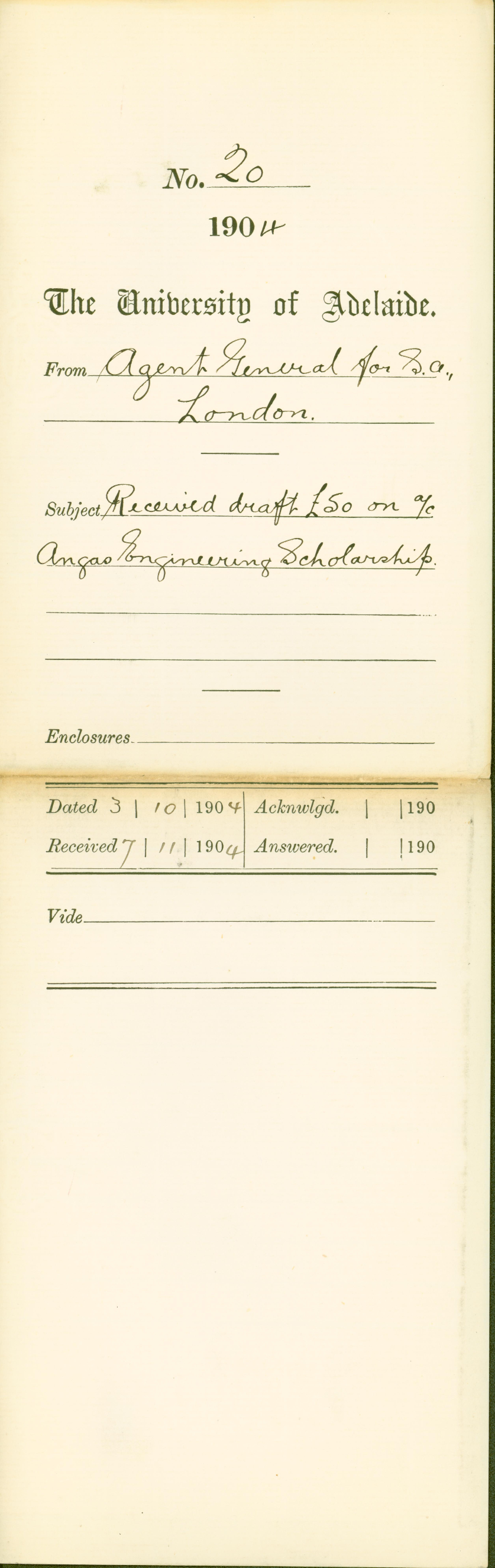 Received Draft on Account Angas Engineering Scholarship