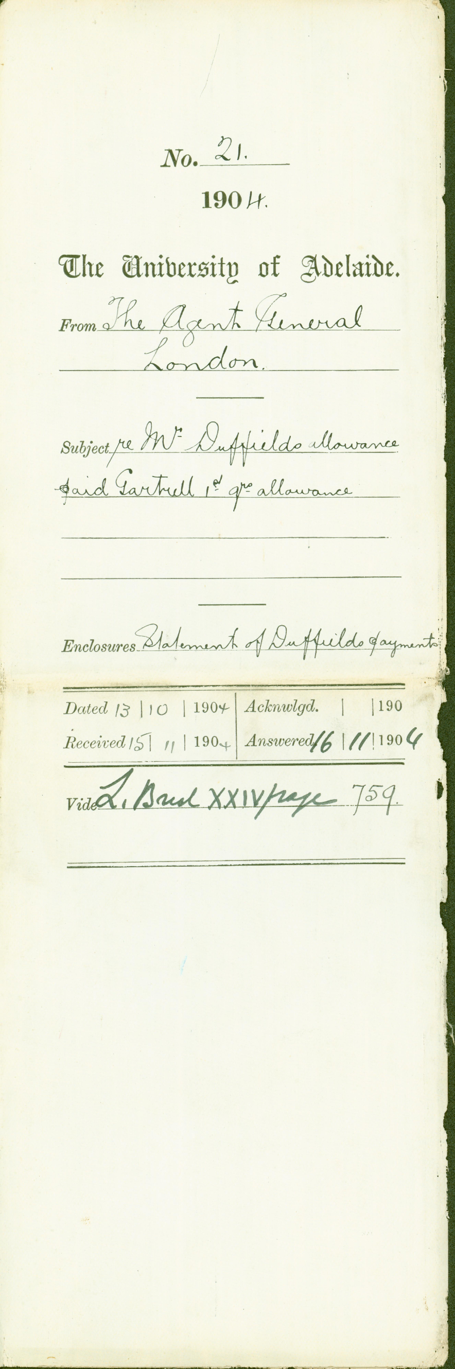 Mr Walter Geoffrey Duffield allowance - Paid Herbert William Gartrell 1st quarters allowance