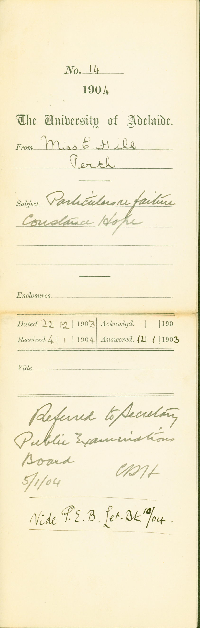 Particulars re failure of Constance Hope