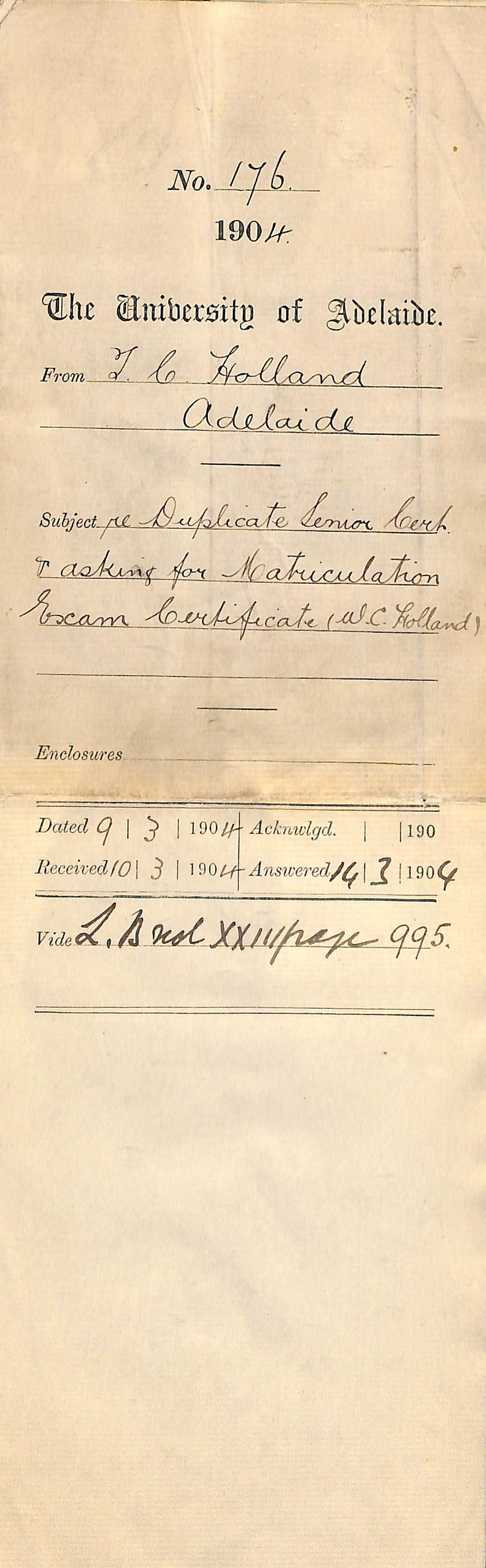 Re duplicate Senior Cert &amp; asking for Matriculation Exam Cert W C Holland