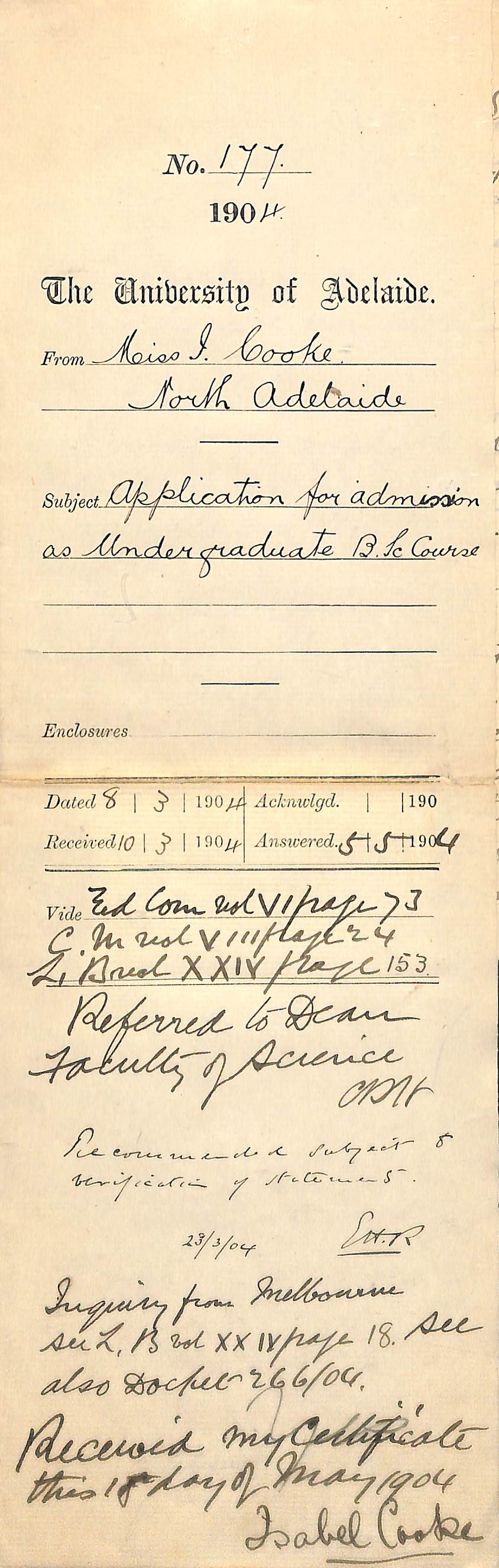 Application for admission as Undergraduate B Sc Course