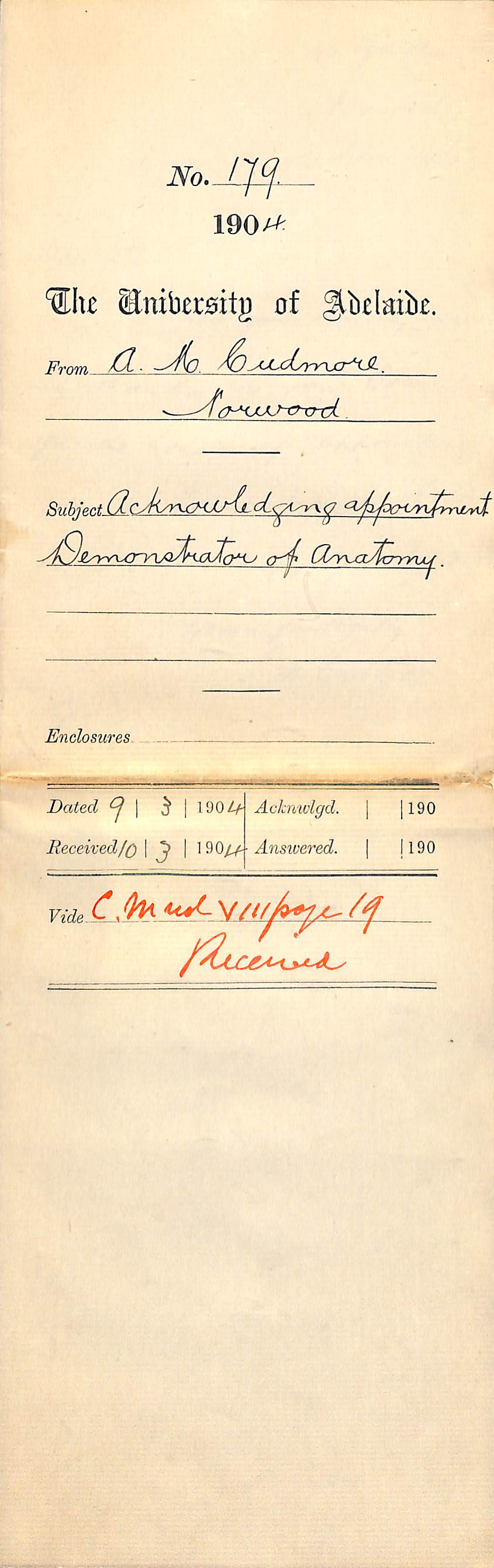 Acknowledging appointment Demonstrator of Anatomy