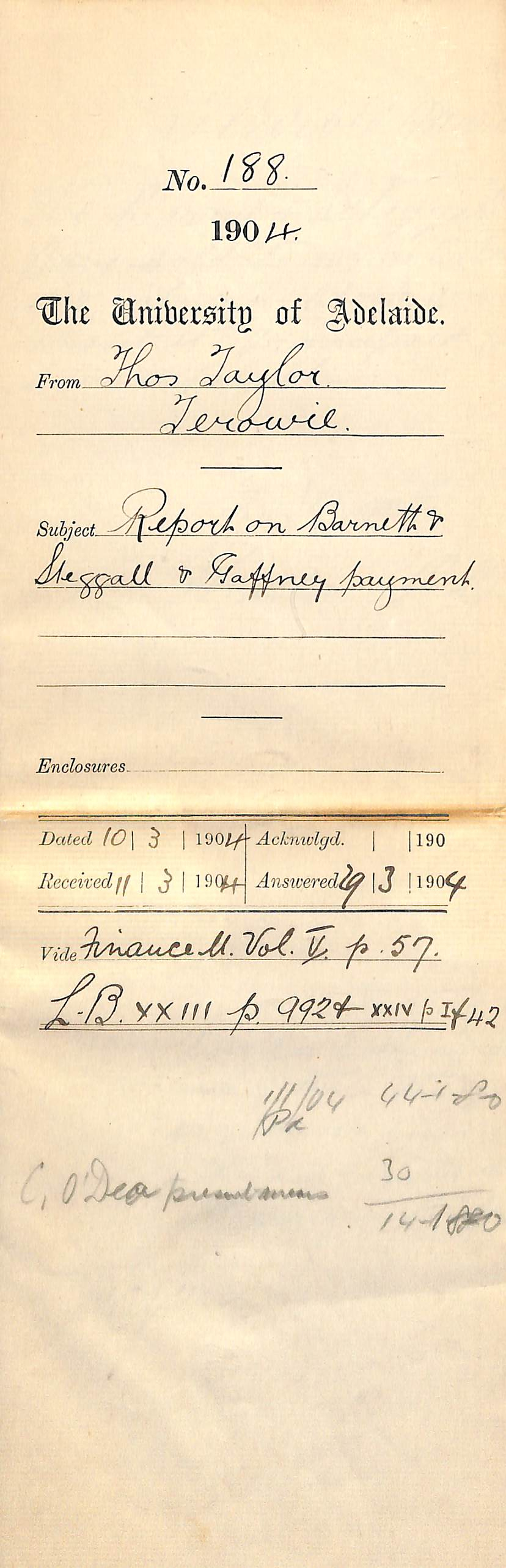 Report on Barnett &amp; Steggall &amp; Gaffney payment