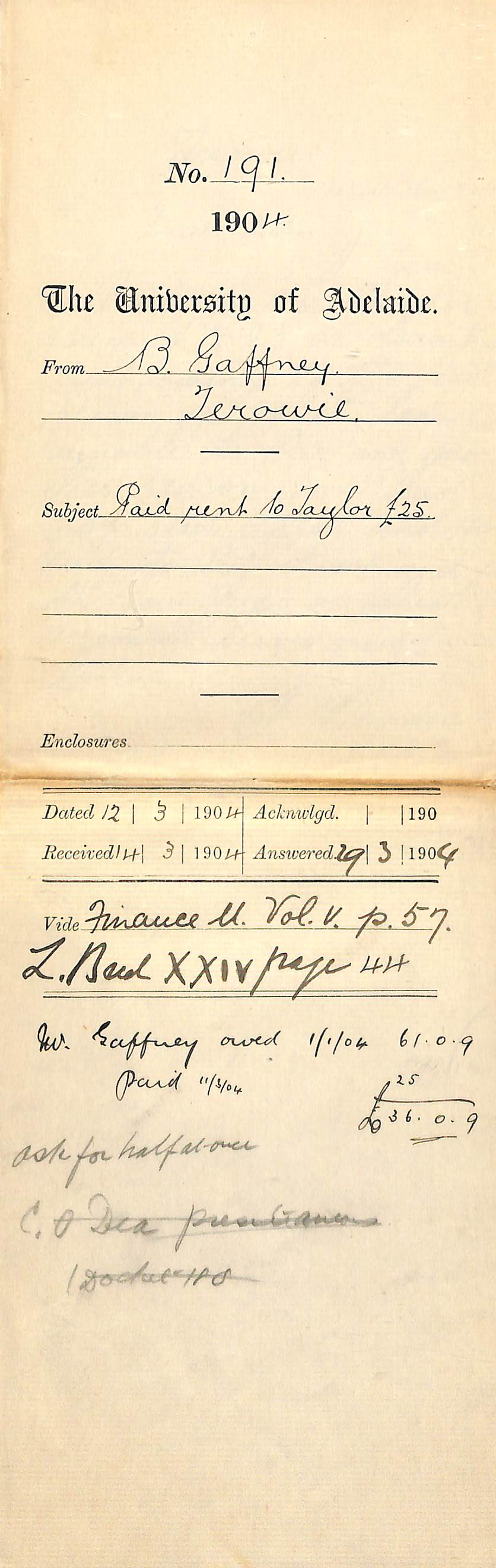 Paid rent to Taylor &pound;25