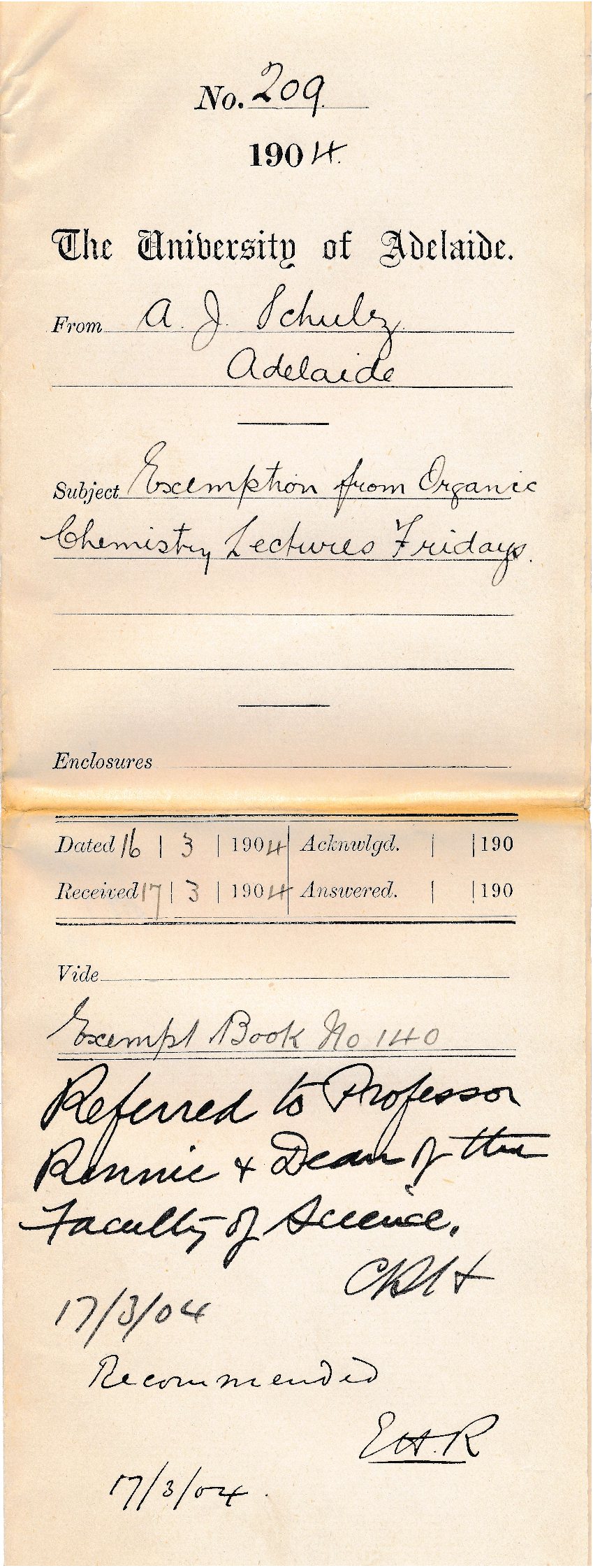 Exemption from Organic Chemistry Lectures Fridays