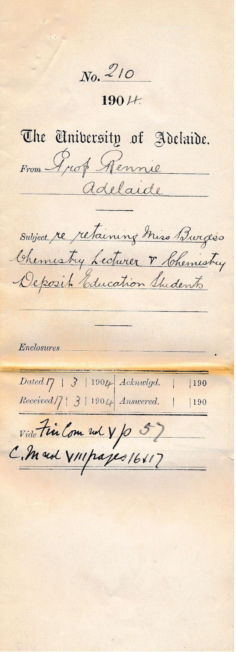 Re Retaining Miss Burgess Chemistry Lecturer and Chemistry Deposit Education Students