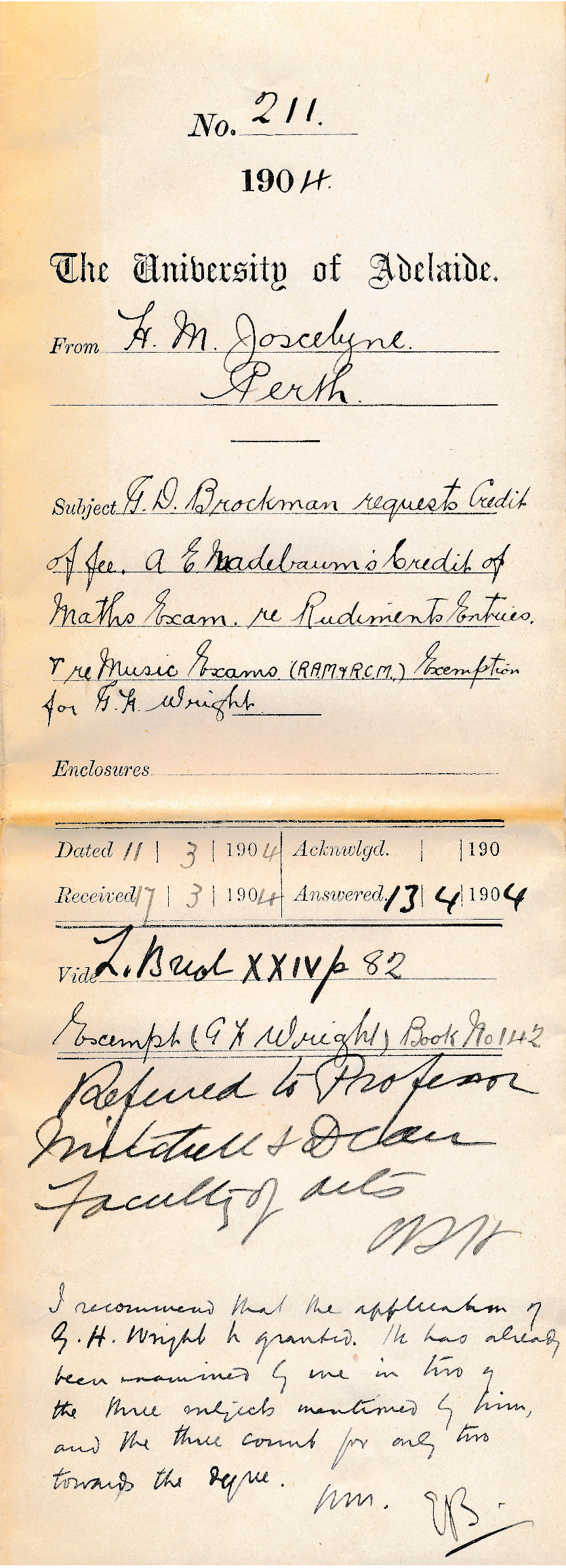 G D Brockman Credit of fee A E Nadebaums Credits - RCM Exemption for G H Wright