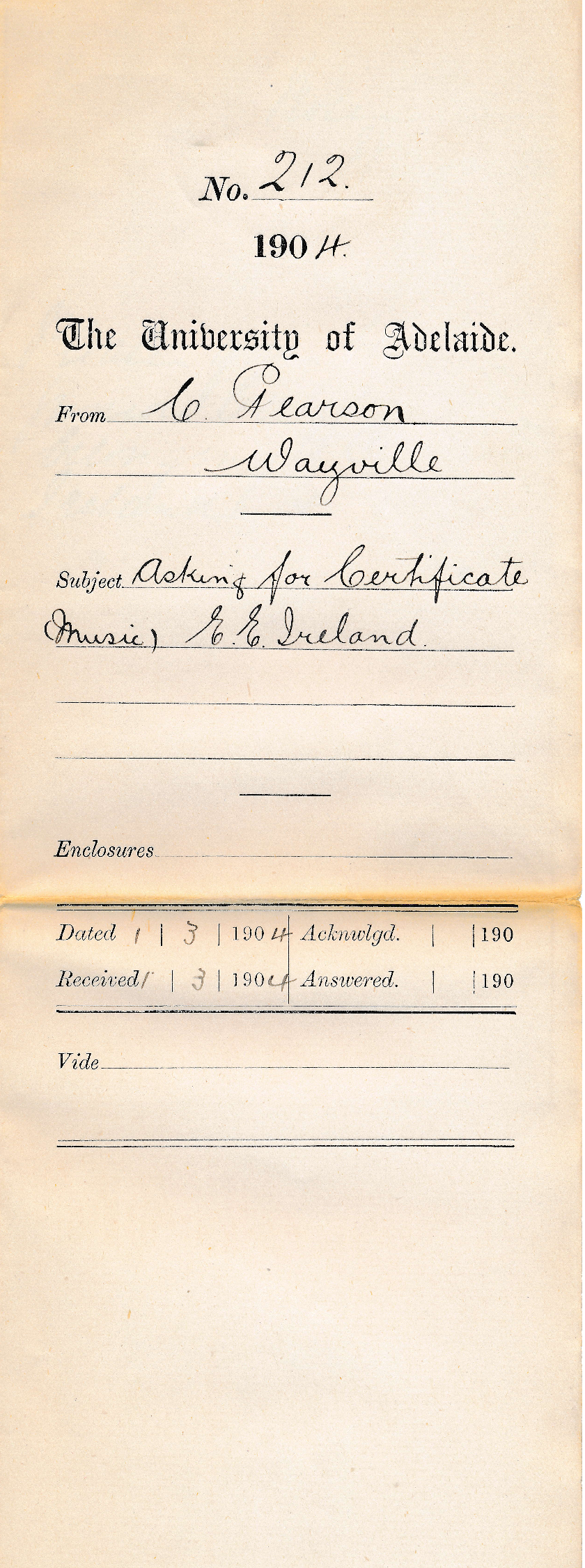 Asking for Certificate Music Eleanor Elizabeth Ireland