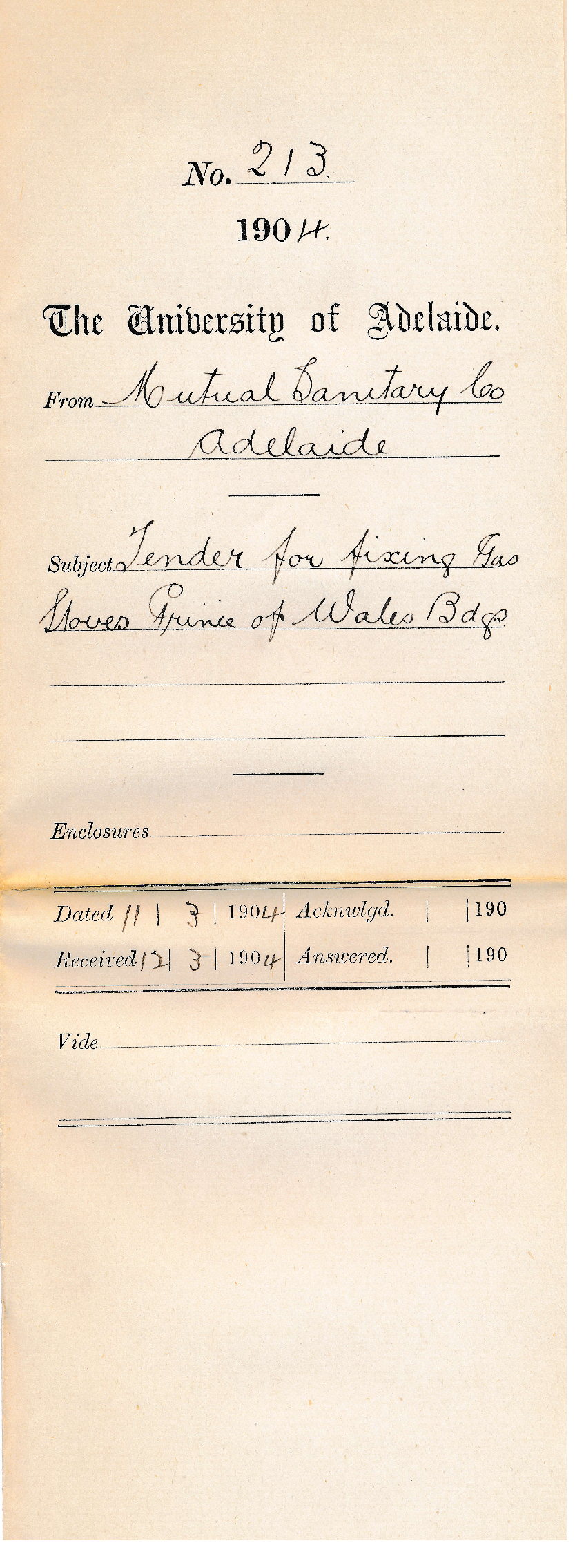 Tender for fixing Gas Stoves Prince of Wales Building