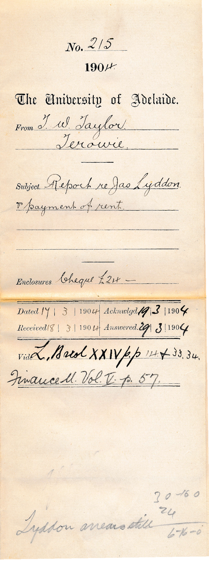 Report re James Lyddon &amp; payment of rent