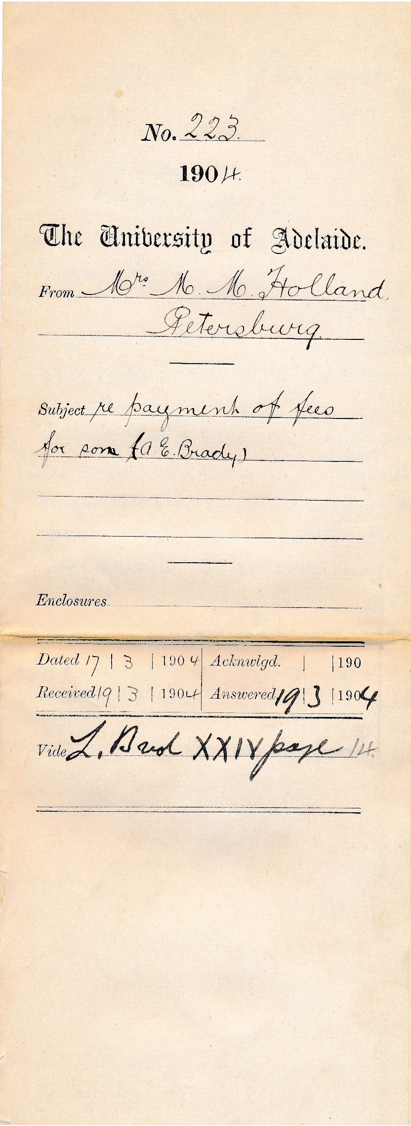 Re Payment of fees for son A E Brady