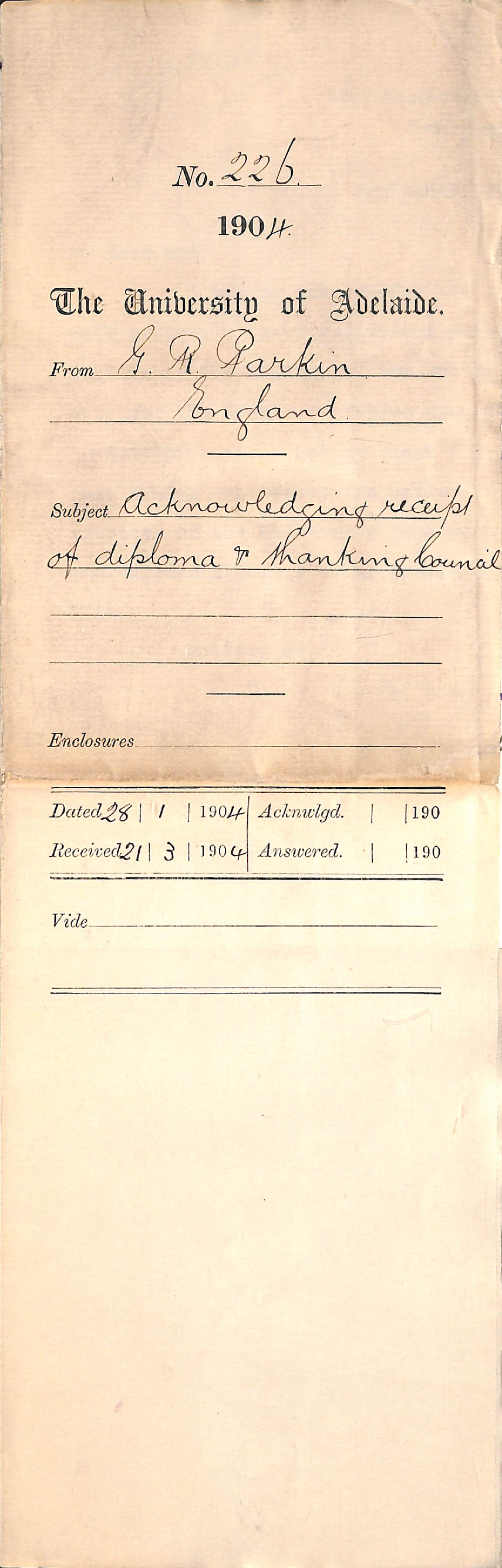 Acknowledging receipt of Diploma and Thanking Council