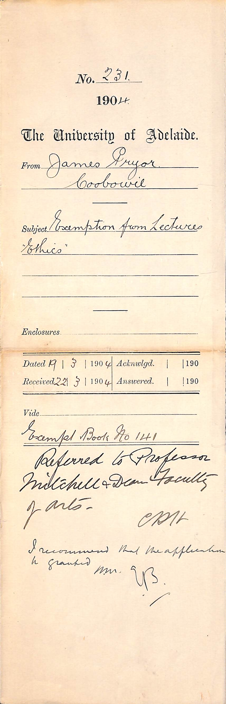 Exemption from Lectures Ethics