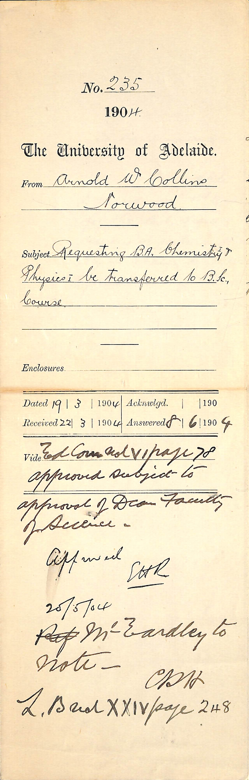 Requesting BA Chemistry and Physics I be transferred to BSc