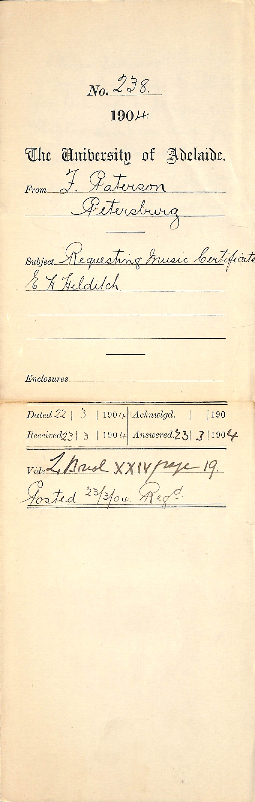 Requesting Music Certificate E H Hilditch