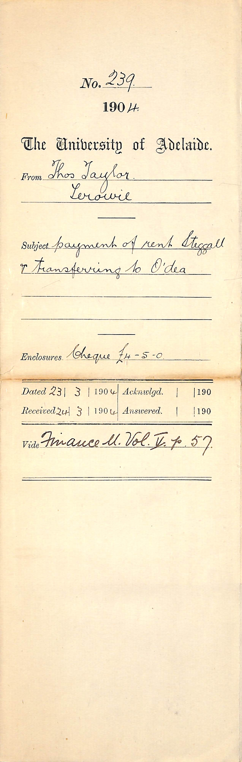 Payment for rent Steggall and transferring to O'Dea