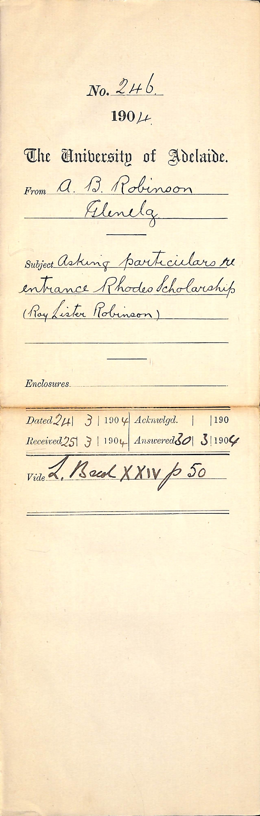 Asking particulars re Rhodes Scholarship Ray Lister Robinson