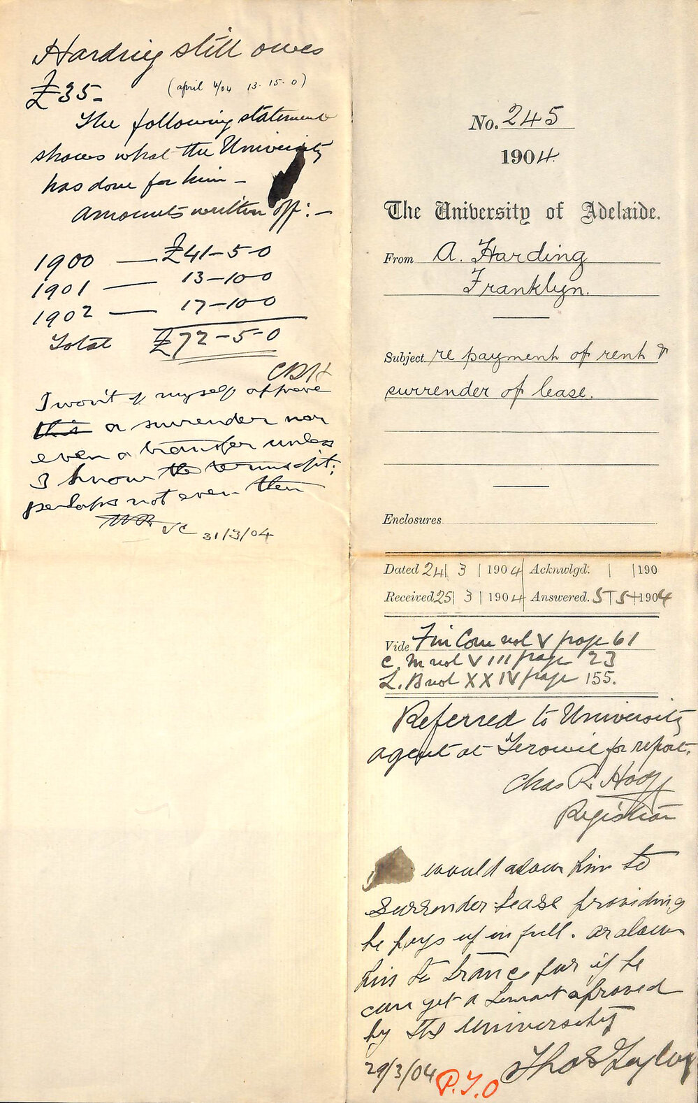 Re Payment of rent and surrender of lease