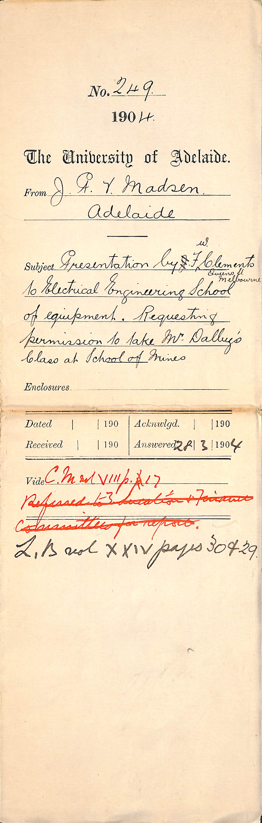 Presentation by F W Clements to Electrical Engineering School