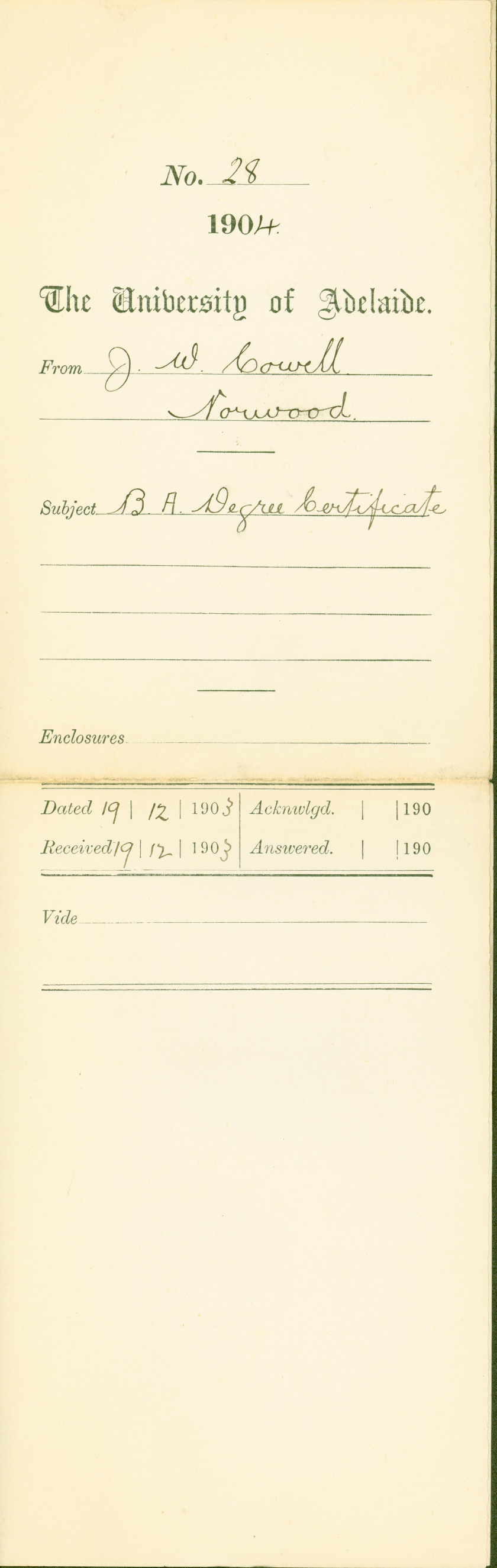 Certificate for the Degree of Bachelor of Arts for Francis Henry Cowell