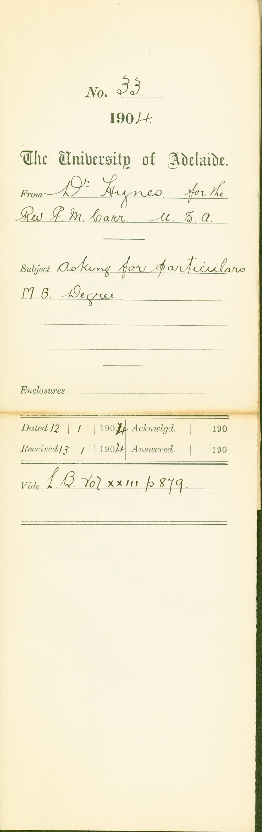 Asking for particulars MB Degree