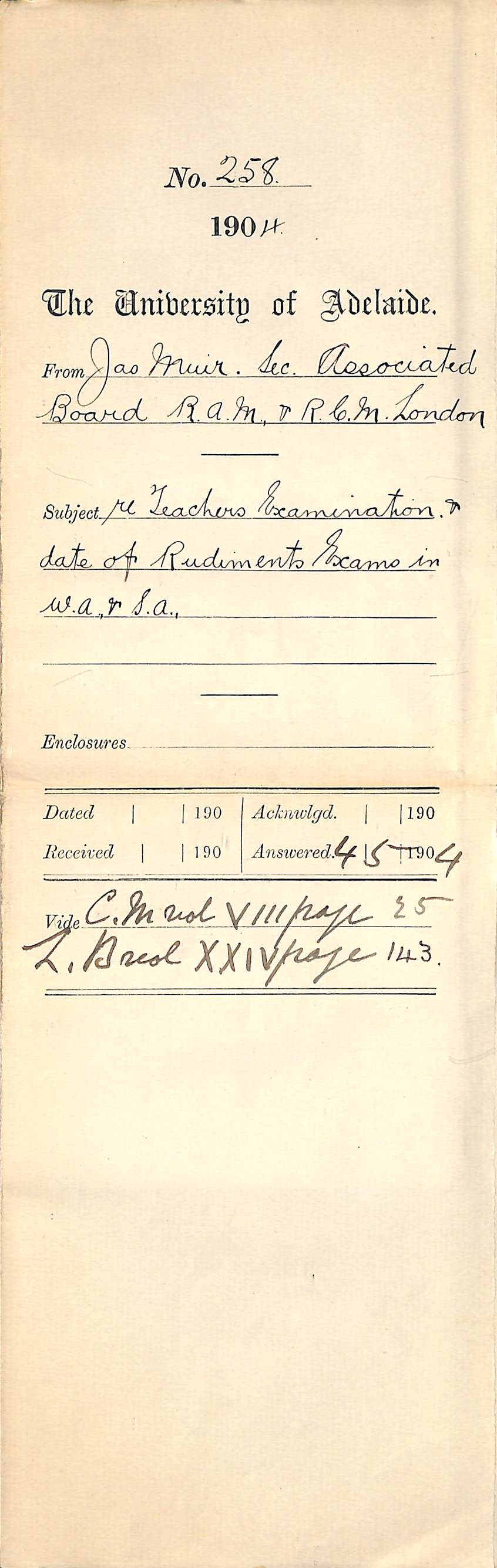 Teachers Examination - Date of Rudiments Exams in WA and SA
