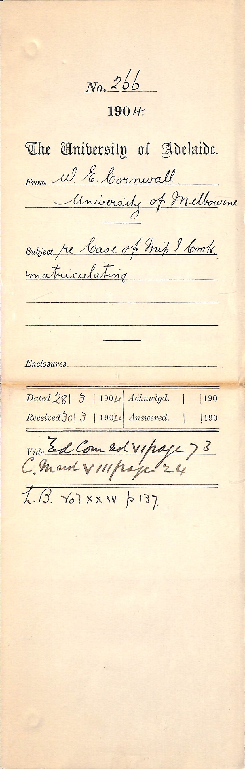 Re Case of Miss I Cook Matriculating